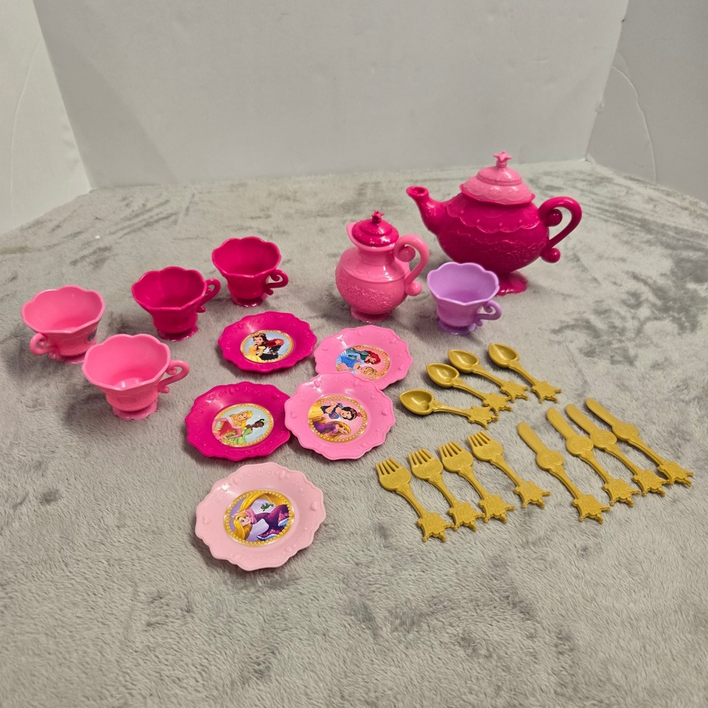 Disney Princess Tea Party Set Teapot Cups Saucers Gold Utensils 25 Pieces